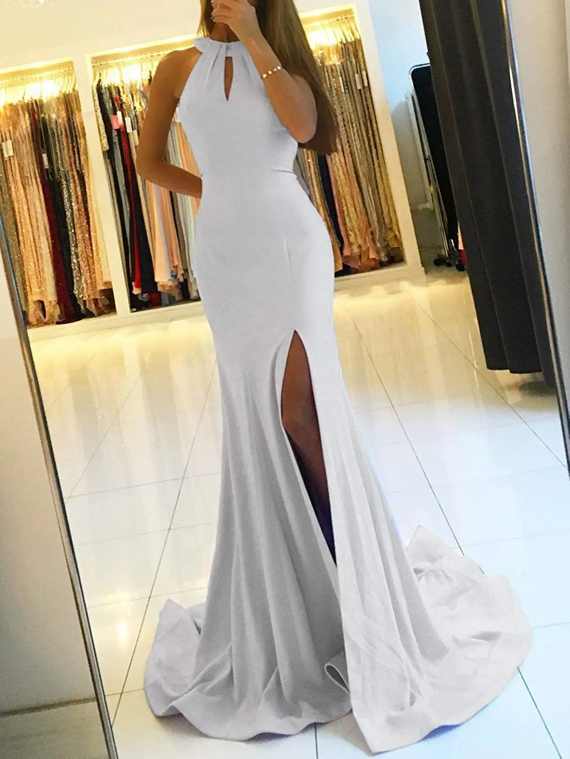 

Sexy Mermaid Prom Dress Long Side Split Halter Evening Gowns vestidos de cctel